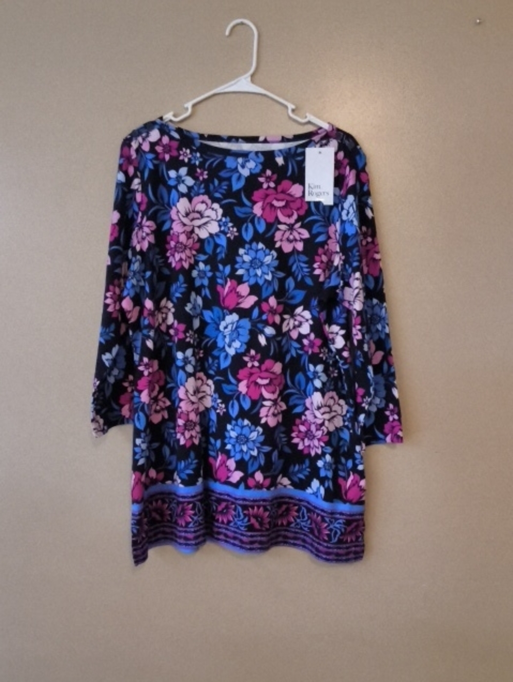 Kim Rogers Floral Boatneck Tunic - Black with Pink & Blue Flowers